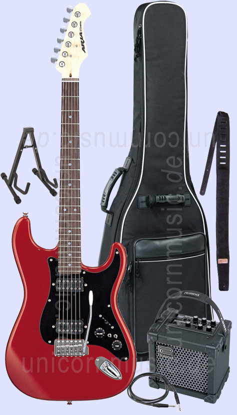 zur Artikelbeschreibung / Preis E-Gitarren Set ARIA STG-005 in Candy Apple Red + Roland Micro Cube + Tasche + Gurt + Kabel + Ständer