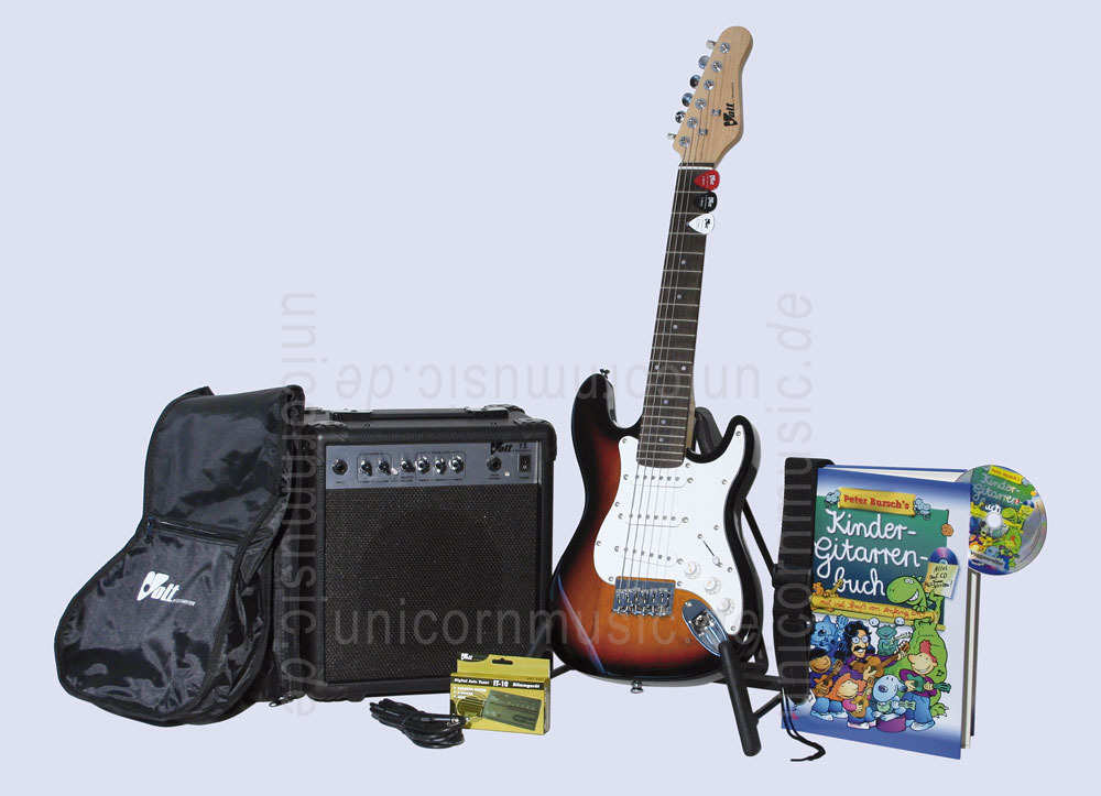 zur Artikelbeschreibung / Preis Kinder E-Gitarren Set 1/4 VOGGENREITER VOLT MINI + Verstärker + Stimmgerät + Tasche + Buch + Gurt + Kabel + Plektrum