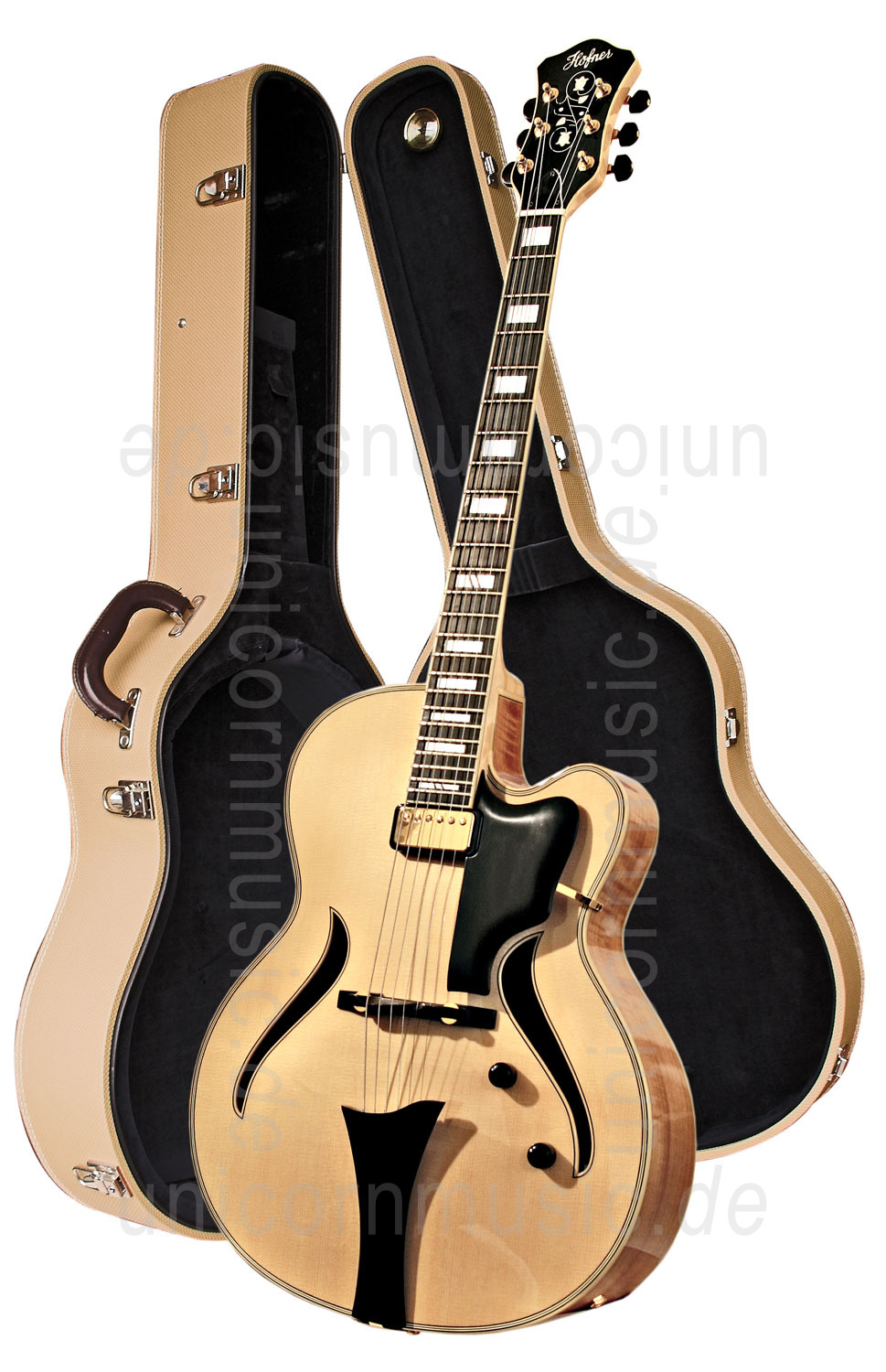 zur Artikelbeschreibung / Preis Vollresonanz Jazz-Gitarre HÖFNER JAZZICA CUSTOM HJC-N-0 + Koffer - massive Fichtendecke