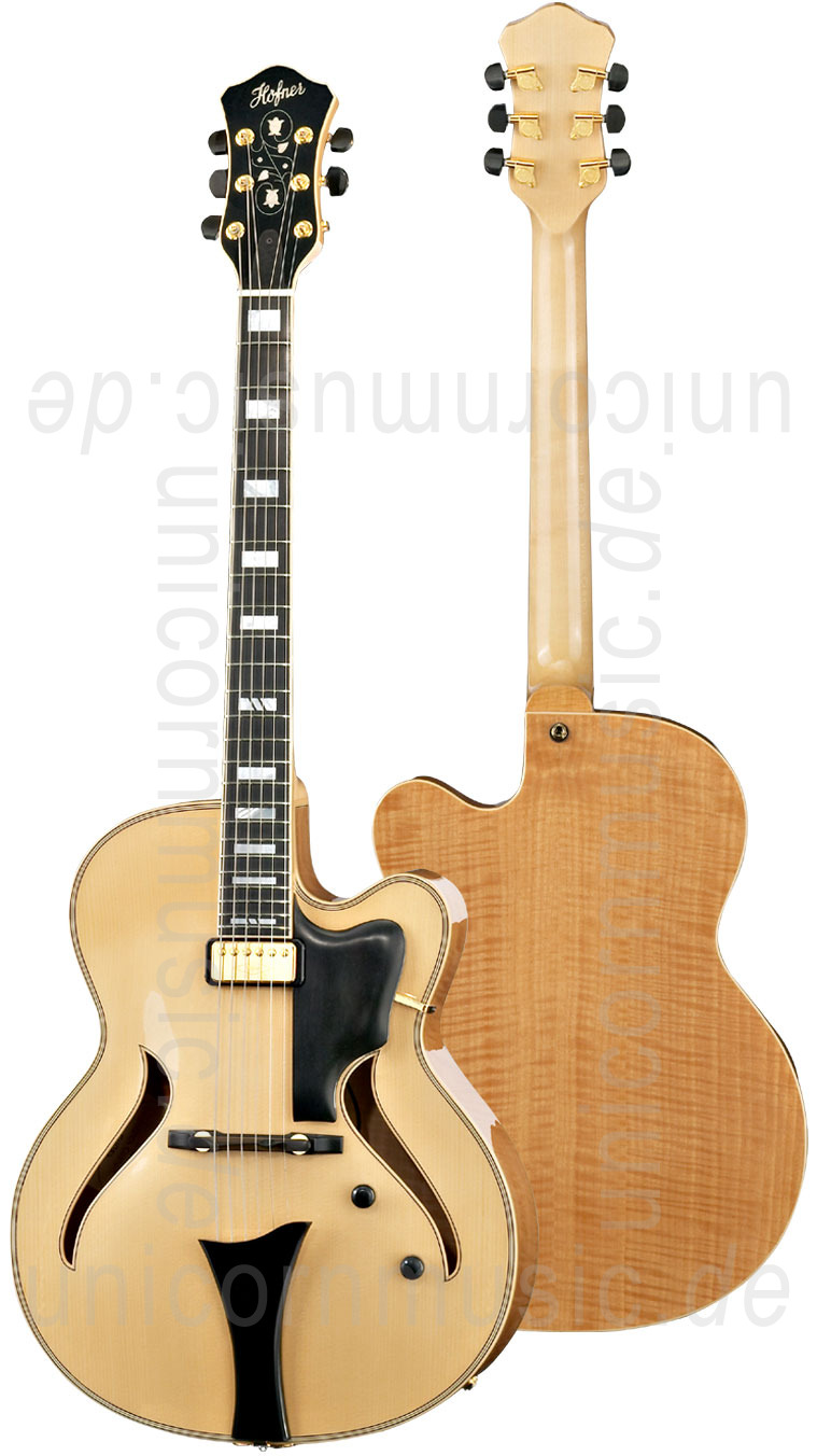 zur Artikelbeschreibung / Preis Vollresonanz Jazz-Gitarre HÖFNER JAZZICA CUSTOM HJC-N-0 + Koffer - massive Fichtendecke